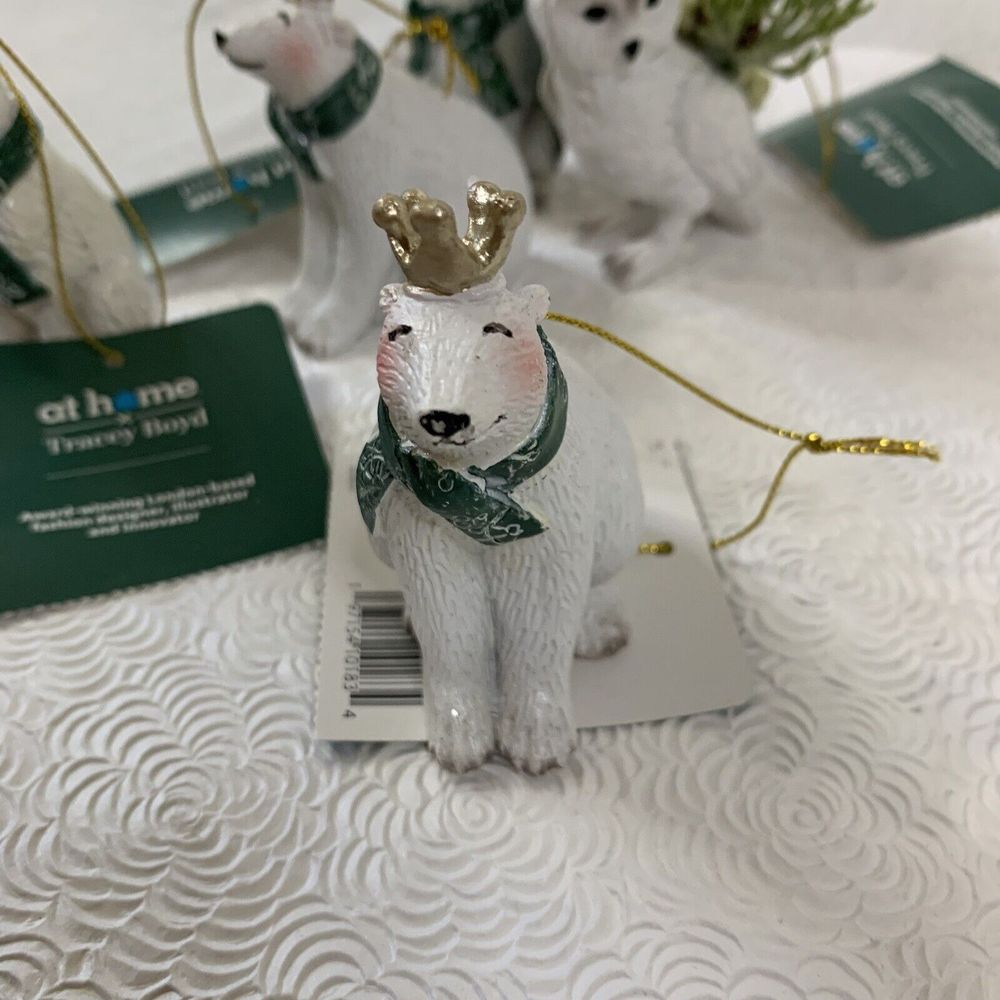 5 Christmas Tree Ornaments Fox Bear Owl with Crowns Ceramic White Green Gold Lot - Picture 15 of 16